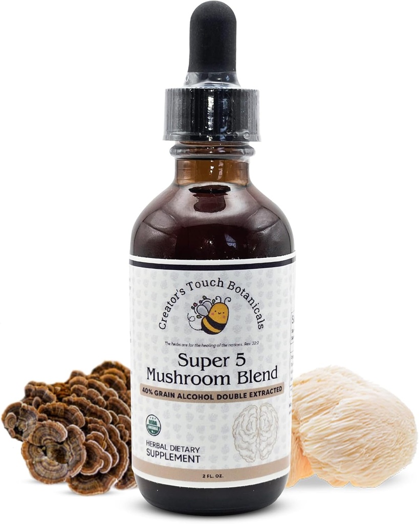 Botánicos Touch del Creador, Super 5, Mushroom, Blend 2 fl oz con Reishi, Turquía Tail, Lions Mane, Chaga y Maitake Mushrooms for Immune Support. Doble Extracted, Macerated.
