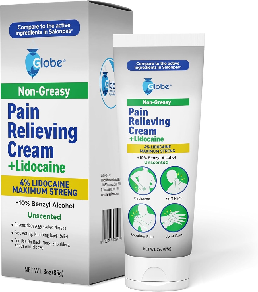 Crema de alivio de dolor de globo más 4% Lidocaína, Alivio de nudos de fuerza máxima, Terapia tópica de acción rápida para dolores musculares, Dolor conjunto, Dolor de espalda, dolor de cuello, dolor de estómago, espasmos " , sin olor, 3oz