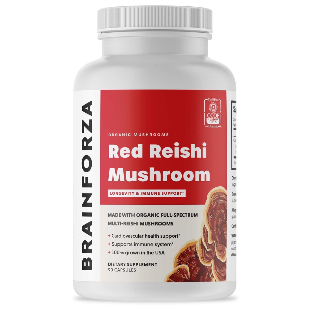 Cerebro Forza Orgánica Red Reishi Mushroom Capsules, Adaptogenic Mushroom Powered Immune Support, Heart and Cardiovascular Health, General Wellness and Vitality, Non-GMO, Vegan, Orgánico, 90 cápsulas