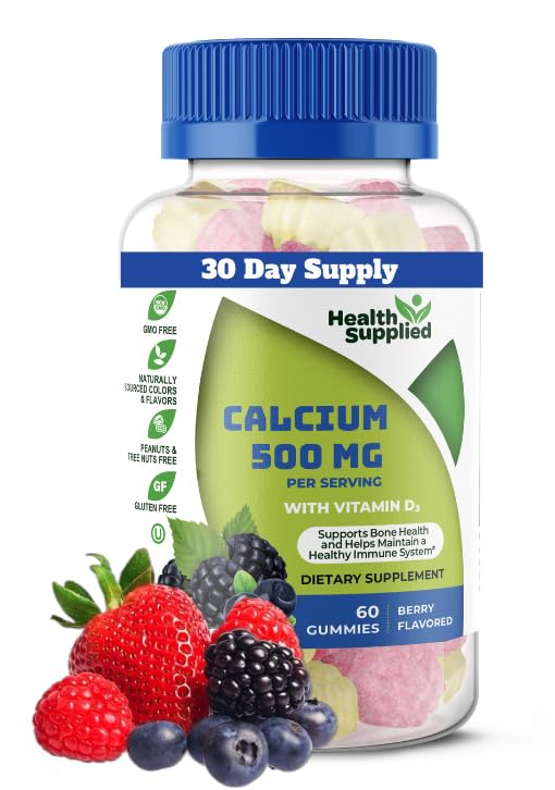 Calcio 500mg con vitamina D3 1000 UI Gummies ← Suplemento dietético diario ← Bone Strength, Growth, Teeth  durable for Adults, Adolescentes, Kids ← Great Tasting Natural Berry Flavor Vitamin Gummy