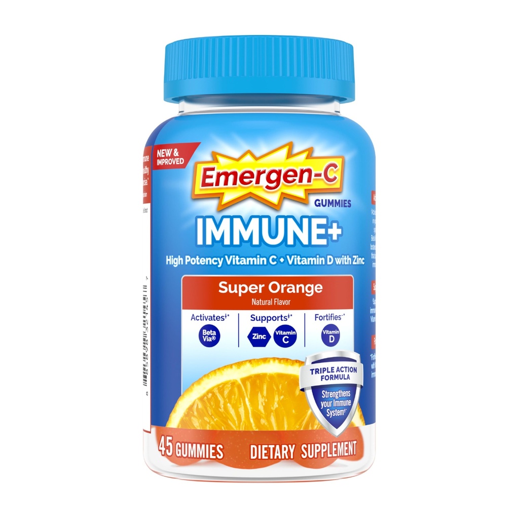 Emergen-C Immune+ Triple Action Immune Support Gummies, BetaVia (R), 1000mg Vitamina C, B Vitaminas, Vitamina D y Antioxidantes, Super Orange - 45 Condes