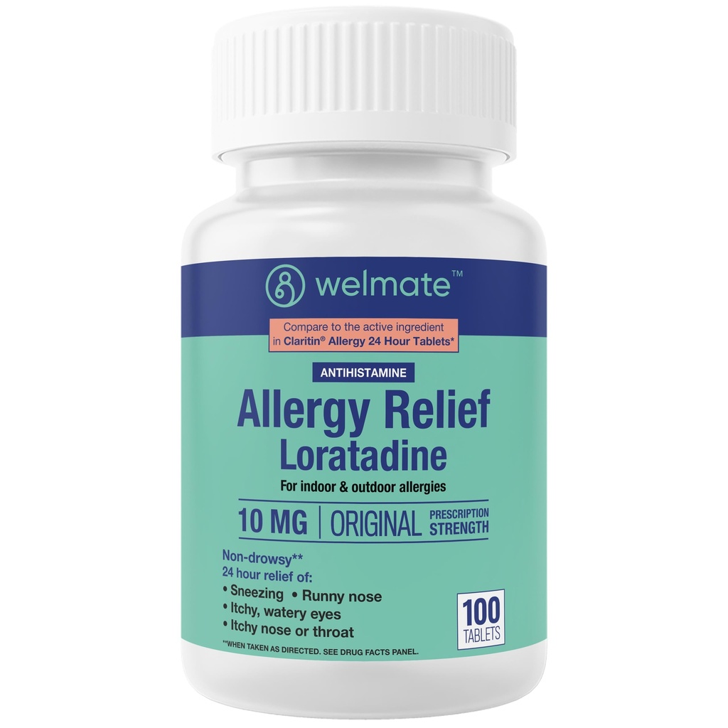 WELMATE - Alivio de la alergia - Loratadine 10 mg - 24 horas Alivio Antihistamínico - Runny Nose - Esnezing - Itchy Nose " Throat - Ojos Acuosos - Indoor " Medicamento de alergia al aire libre - 100 Conde