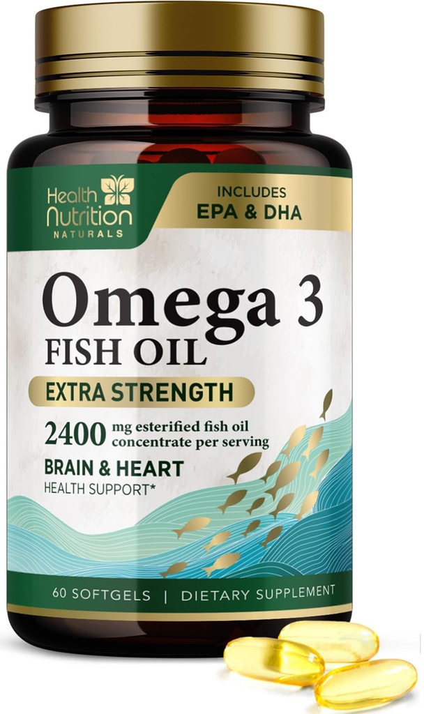 Omega 3 Fish Oil 2400 mg - Triple fuerza Omega-3 Suplementos - Natural Brain Heart Health &amp; Immune Support - Fatty Acids with EPA & DHA - Wild Caught Purified Fish Oil Suplemento - 60 Softgels