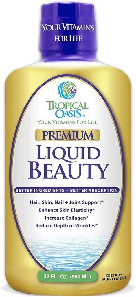 Oasis Tropicales - Belleza Líquida - Suplemento para el cabello, la piel, " Crecimiento de uñas - Biotina + Collagen Hidrolizado (32 Servimientos)