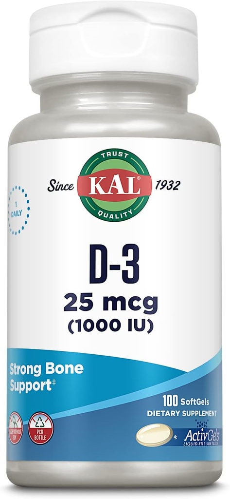 KAL Vitamina D3 1000 UI Softgels (25 mcg), Forma activa de la vitamina D, Absorción de calcio, Salud ósea, Suplemento de apoyo inmune, ActivGel líquido, Hecho sin soya, 100 Actuaciones, 100 Softgels