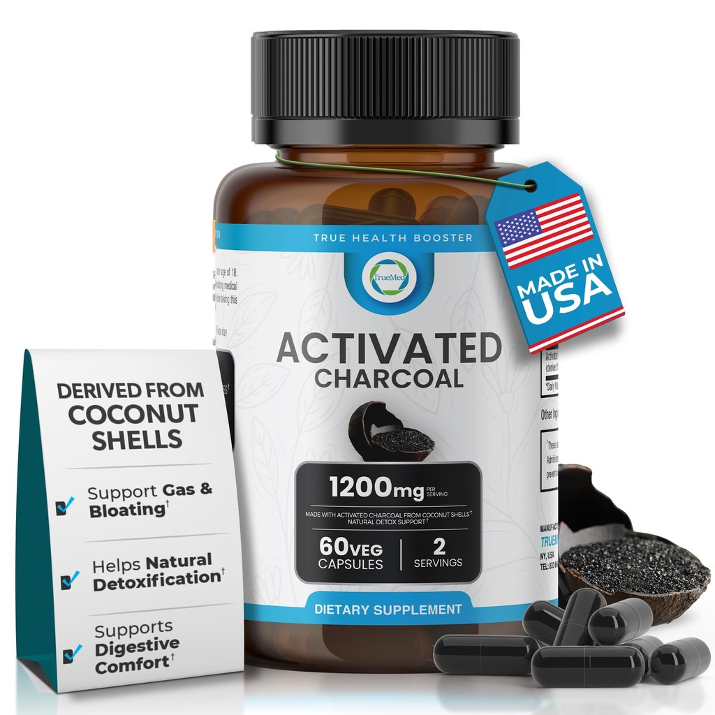 Cápsulas de carbón activados 1200 MG, 60 Cápsulas de Veg, 30-Días Soporte de desintoxicación Premium, Gas &amp; Bloating Relief, Cárculo de cáscara de coco orgánico, Gut Health, USA Made.
