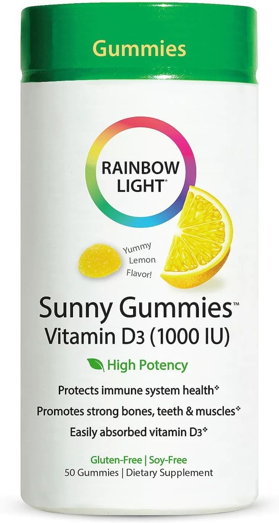Rainbow Light - Sunny Gummies Vitamina D3 1000 UI, Apoyo a los huesos saludables, músculos e inmunidad en una familia amigable con vitamina D3, libre de soja, libre de gluten, limón amargo, 50 gotas de goma