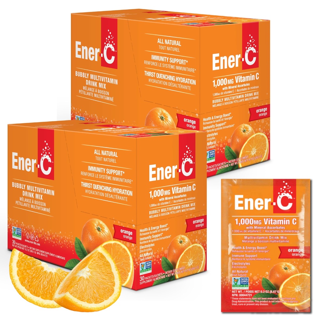 Ener-C - Vitamina C Immune Support, 1000mg Vitamina C Effervescent Multivitamin Drink Powder, Fruit Juice Vitamina C Drink Mix for Hydration with Electrolytes, Orange, 60 Packets (2-Pack)