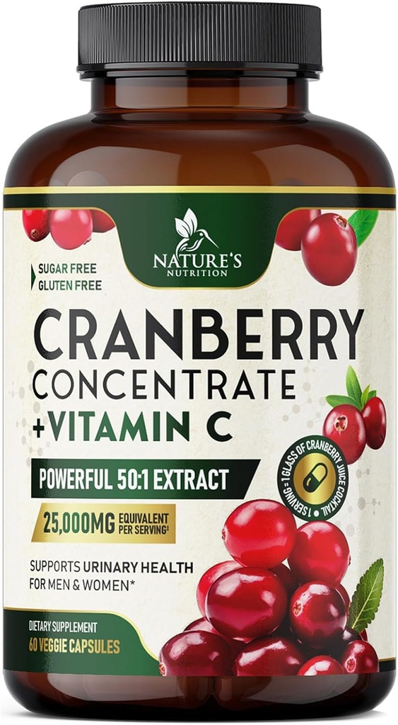Píldoras de arándano para mujeres - 500 mg Natural Urinary Tract Health Support - Concentrated Formula from Whole Fruit Cranberry & Vitamin C - Sugar Free, Gluten Free, Non-GMO Suplemento - 60 cápsulas