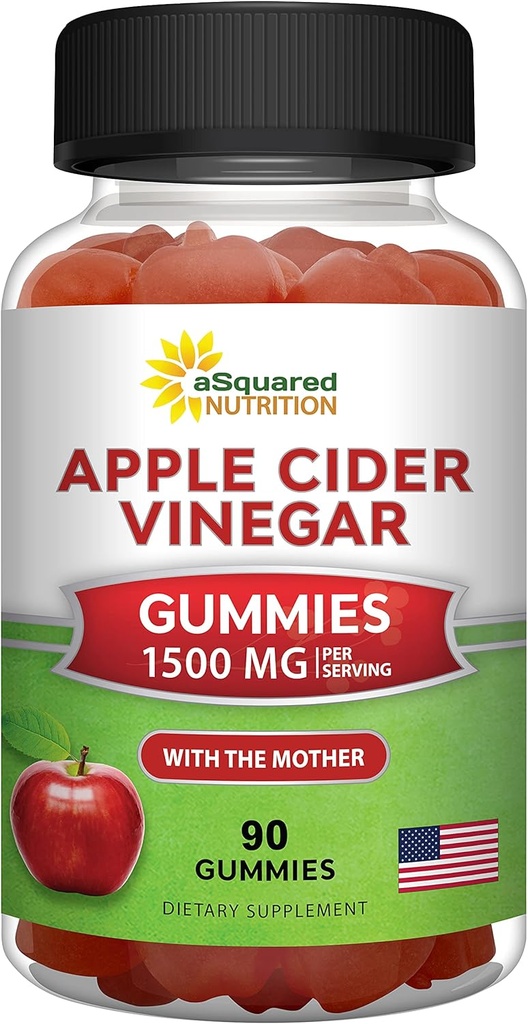 aSquared Nutrition Apple Cider Vinegar Gummies - 1500mg con The Mother - 90 ACV Gummies w/Vitamin B6 & B12, Folic Acid - Vegan Gummy Suplemento alternativo a Capsules Pills & Drink