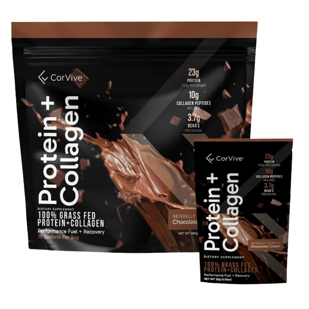 Protein + Collagen Powder  23g Protein (Grass-Fed Whey + Collagen) Silencio 3.7g BCAAs ← Apoya Muscle &amp; Joint Health TEN Gluten &amp; Soy Free TEN No Artificial Ingredients TEN 15 Sachets - Chocolate