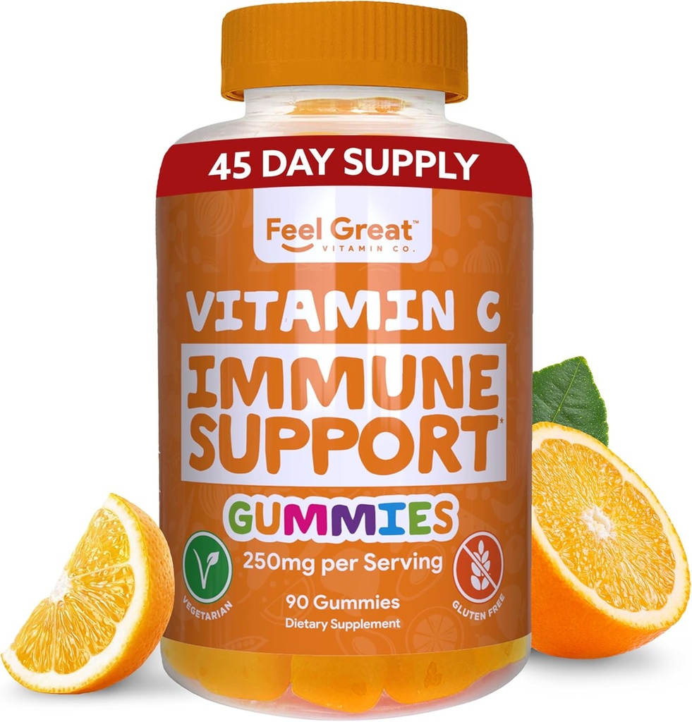 Vitamina C Gummies for Adults &amp; Kids by Feel Great Vitamin Co. ← 90 Orange Flavored Gummies ← Immunity Support, Plant-Based Fruit Pectin