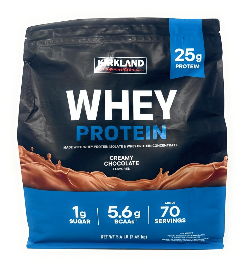 Kirkland Signature Whey 25g Protein,1g de azúcar,5.6g BCAAs, cerca de 70 Servings Creamy Chocolate Flavorted