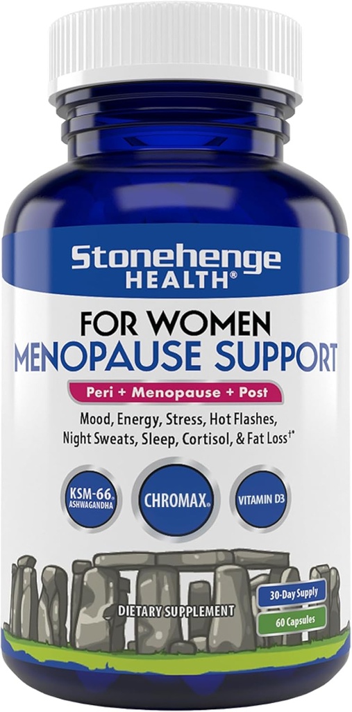 Stonehenge Health for Women Menopause Support for Peri + Menopause + Post - Mood, Energy, Stress, Hot Flashes, Night Sweats, Sleep & Cortisol, Chromax Chromium, Vitamina D3, KSM-66 Ashwagandha Extracto