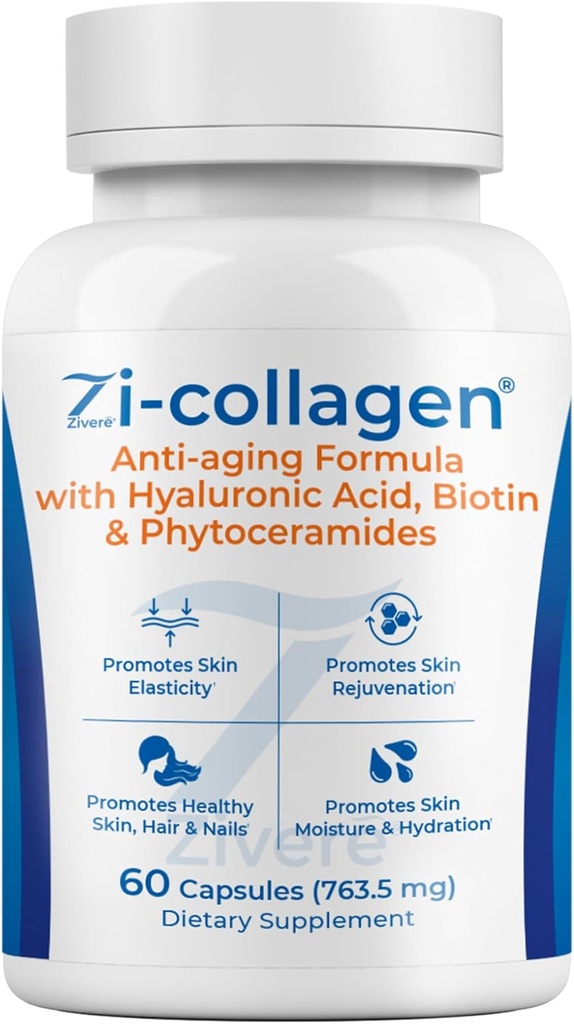 Zi-Collagen - Cápsulas Collagen Premium con Fitoceramides Ácido Hialurónico y Biotina - Cabello de piel y uñas Advanced Anti Aging Suplemento - Multivitamin for Women & Men - 60 Píldoras