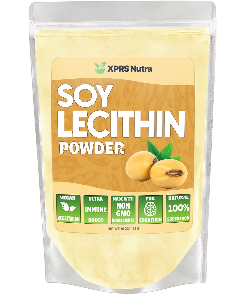 XPRS Nutra Soy Lecithin Powder Food Grade Fat Emulsifier - Apto para cocinar, hornear y más - Vegan Friendly Soy Lecithin Powder Cooking Aid (16 onzas)