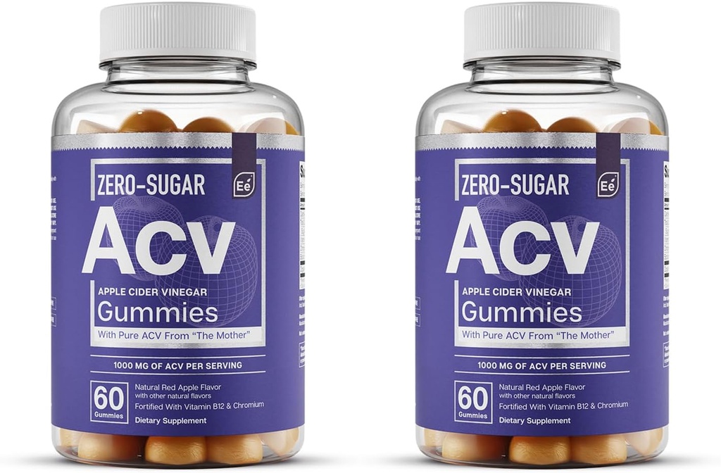Elementos esenciales Cero Azúcar ACV Mangas de vinagre de manzana de “La Madre” - Gummies de ACV vegana naturalmente con Chromium 60 Conde (2-Pack)