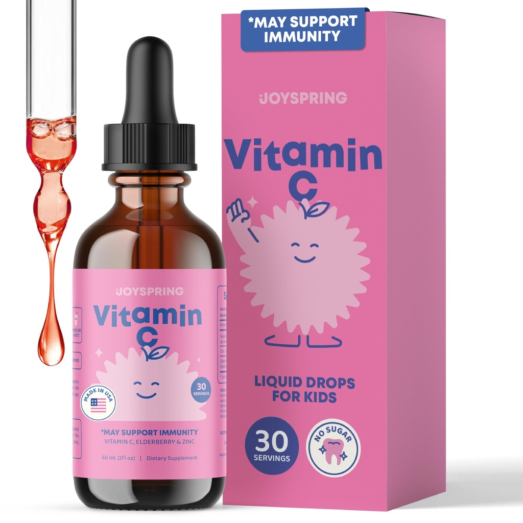 JoySpring Vitamina C y Zinc para niños, Elderberry Liquid Supplement ← Alcohol-Free Toddler Vitamina C TEN 2+ Años TENIDO (2 fl oz) 30 Servimientos