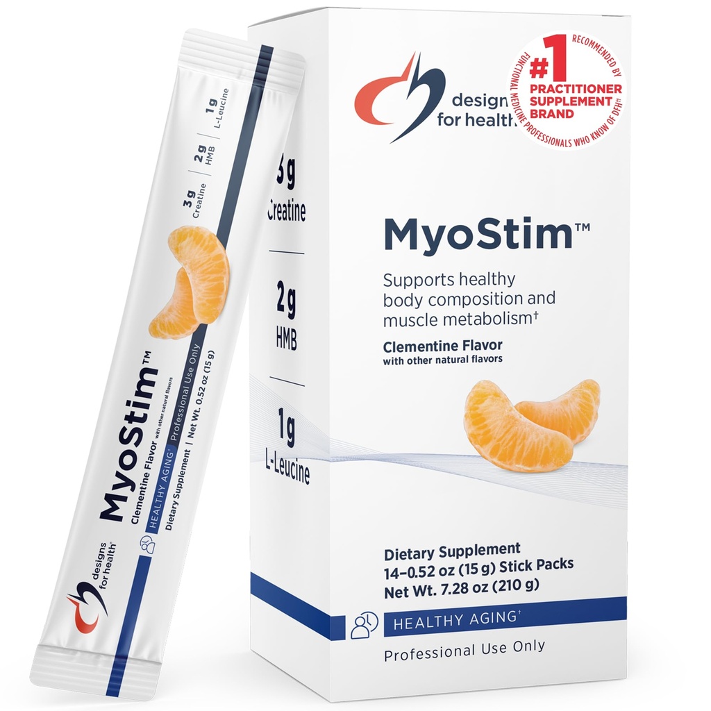 Diseños para Salud MyoStim - HMB + Colagen Peptides Polvo con L-Leucine + Creatina para apoyar el envejecimiento saludable - Mayo Ayuda Atenuar la pérdida de músculo relacionada con la edad - Bebida Clementina-Flavored (14 Stick Packs)