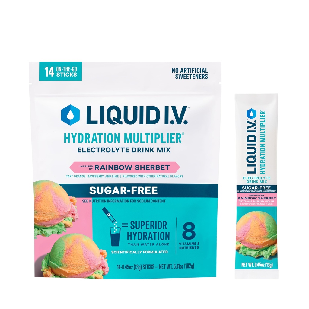 Liquid I.V.® Hydration Multiplier Sugar-Free - Rainbow Sherbet TEN Electrolyte Powder Drink Mix ← 1 Pack (14 Servings)