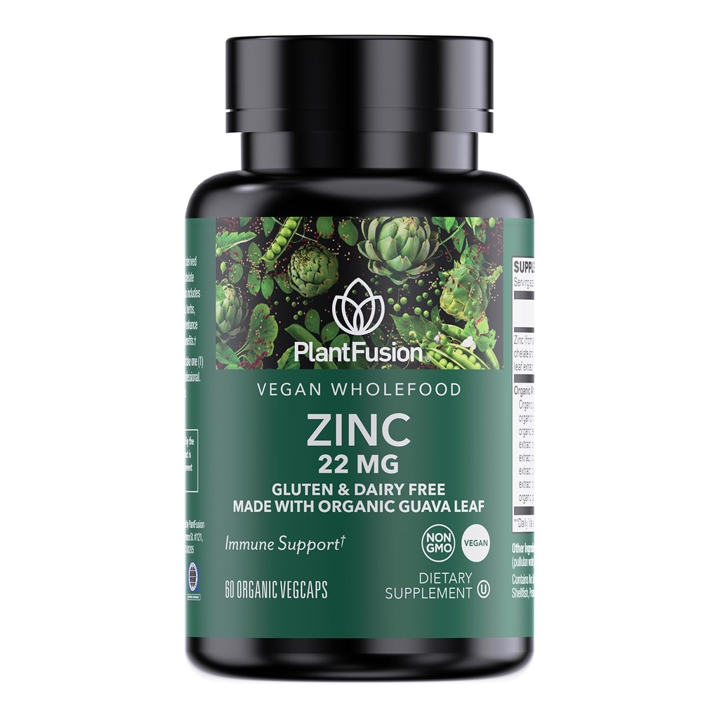 PlantFusion Vegan Zinc Suplementos 22 mg - Complejo entero de alimentos, Citrato de zinc Chelated de la hoja de Guava orgánica para soporte de inmuno, 60 cápsulas