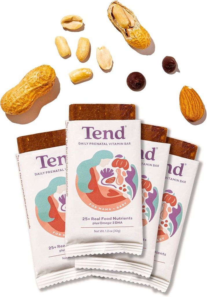 Tend Daily Best Prenatal Vitamin Bar, Made with Organic Ingredients for Pregnant & Postpartum Mothers, Incluye DHA, Vitamina D, B, Choline, Folate - Peanut Butter Chocolate (4ct)
