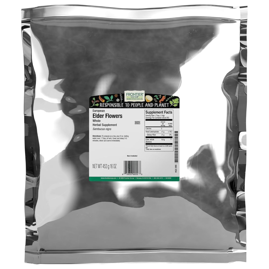 Frontier Co-op Dried Elder Flowers, 1lb Bulk Bag ← Elderflower entero europeo para el uso herbario y culinario ideal para el té de anciano, Kosher