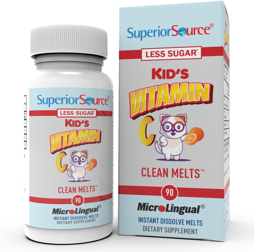 Derrames limpios de vitamina C de origen superior - Suplemento de apoyo inmunitario para niños - menos azúcar - sin gluten, sin gluten &amp; sin conservadores - 90 tabletas microLinguales instantáneas