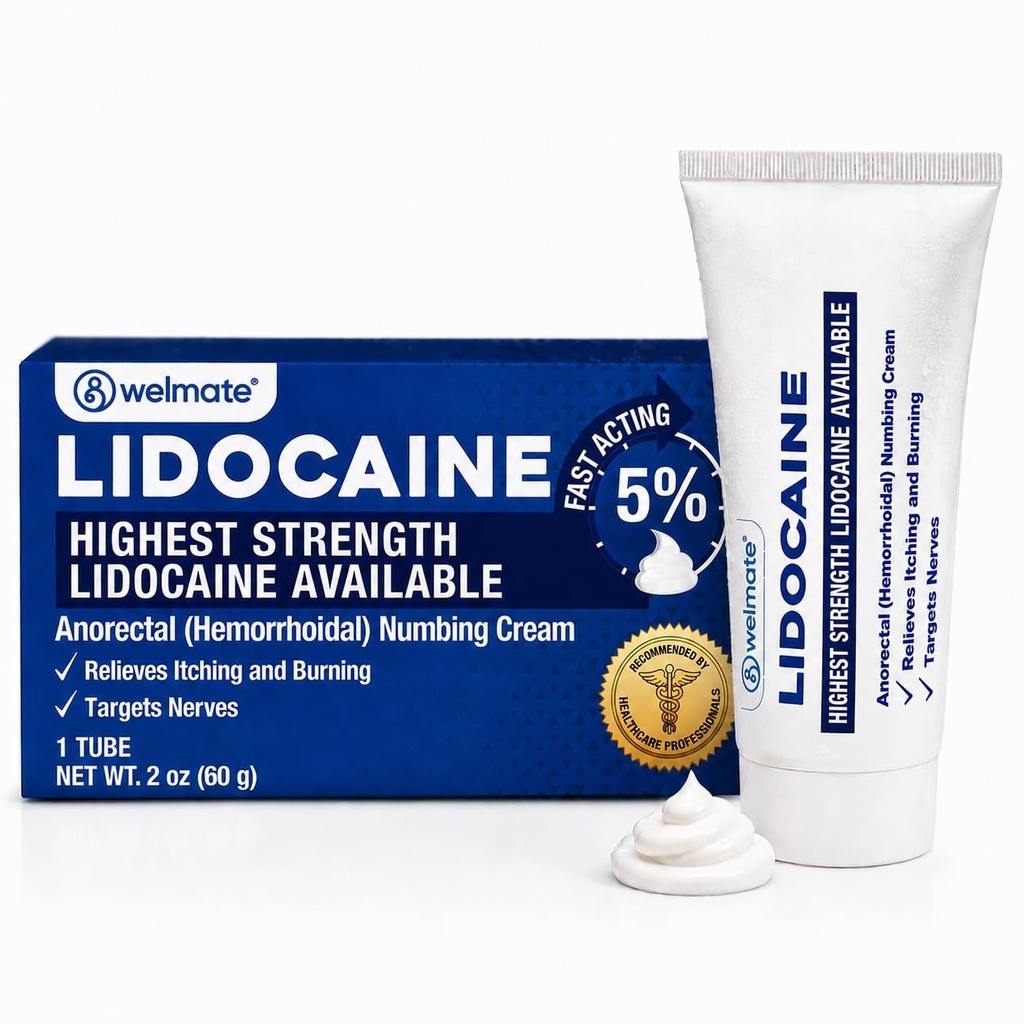 WeLMATE - 5% Lidocaine Numbing Cream, 2oz (60g) - Maximum Strength Lidocaine Cream - Hemorrhoid Relief - External Use Anesthetic, Vitamin E - Child Resistant - Topical Skin Care