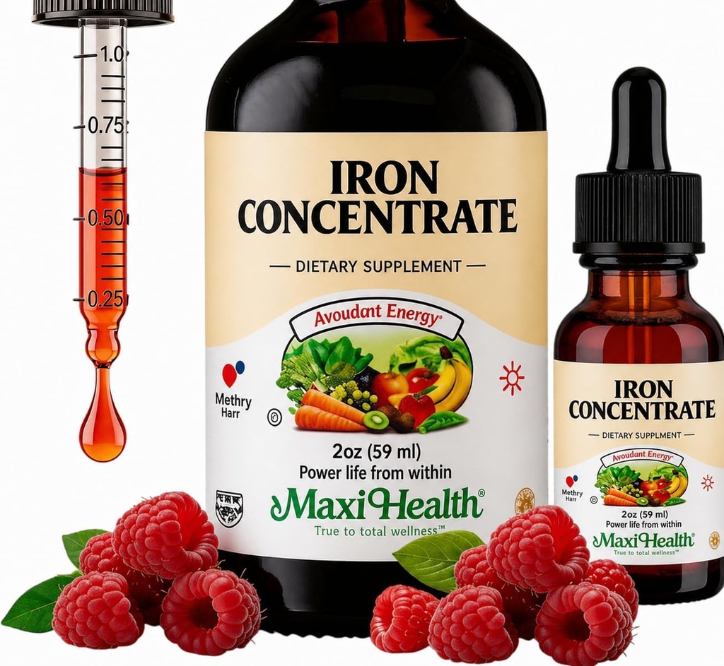 Maxi Health Women, Hombres and Kids Liquid Iron Suplemento - 15 mg Por ML Berry Flavored - High Potency - Fácil de mezclar para la absorción inmediata - Aumentar la energía sin Nausea - 2 fl Ounces