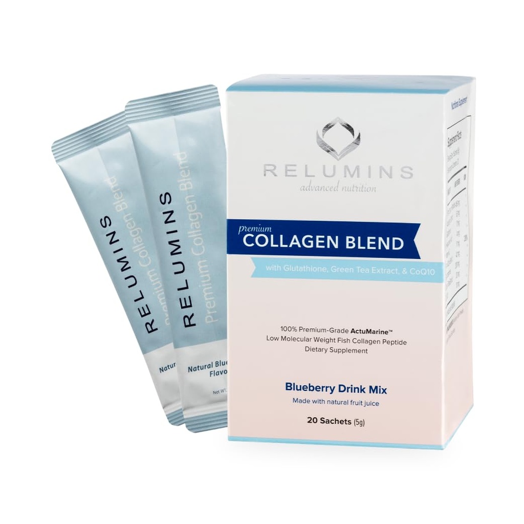 Relumins Marine Collagen Powder Drink Mix - Collagen Peptide with Glutathione, Green Tea, CoQ10, " Hyaluronic Acid Promotes Glowing Skin - 10 Powder Sachets - Blueberry Flavored