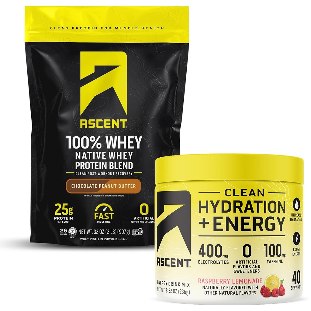 Ascenso 100% Whey Protein Powder, Chocolate Peanut Butter 2 lb & hidratación + electrolitos de energía, Raspberry Lemonade 40 Servimientos