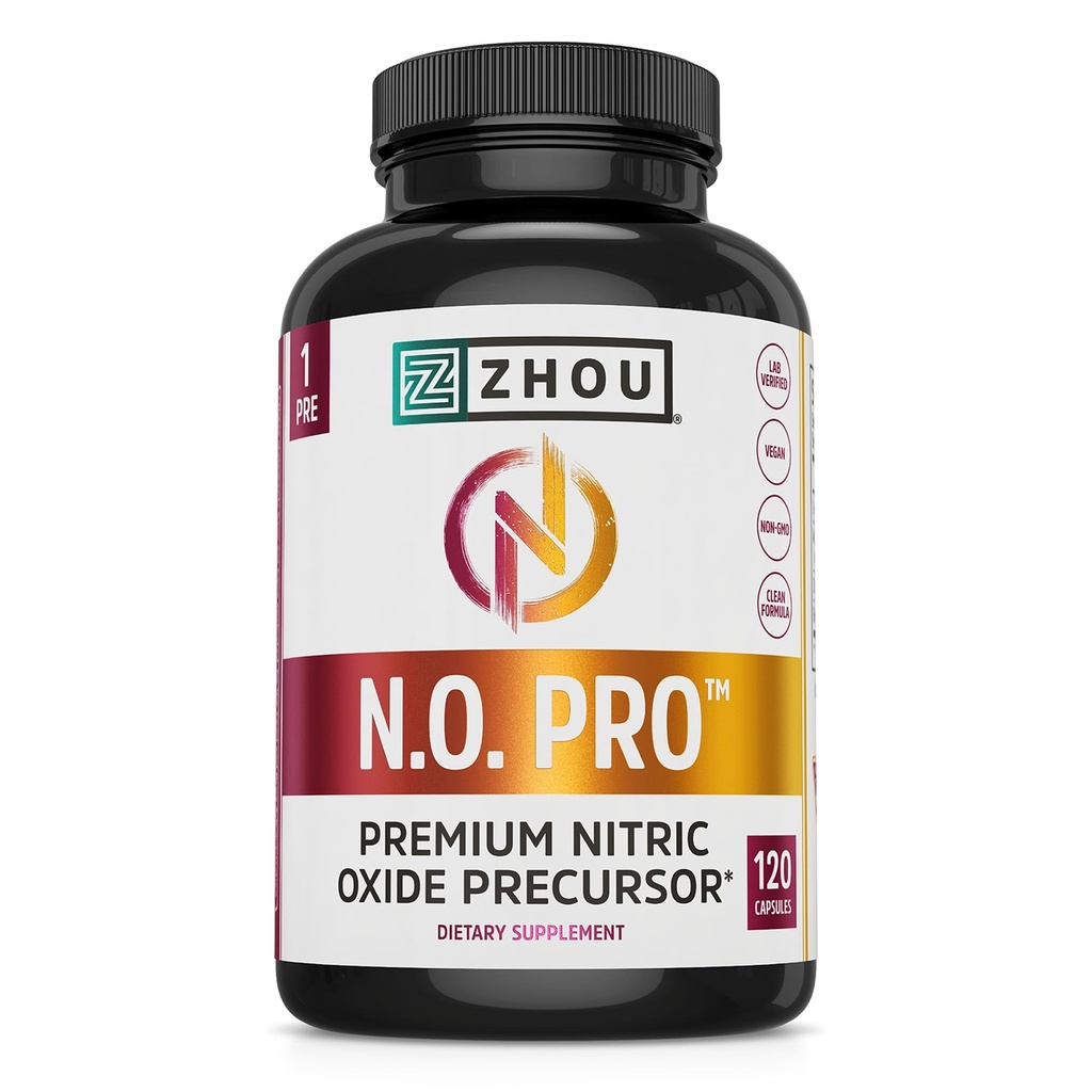 Zhou N.O. Pro - Suplemento de óxido nítrico Premium para Hombres " Mujeres, Corazón, Musculo " Apoyo a la sangre con hoja de remolacha " L Arginine, Booster de óxido nítrico natural - 120 cápsulas vegetales