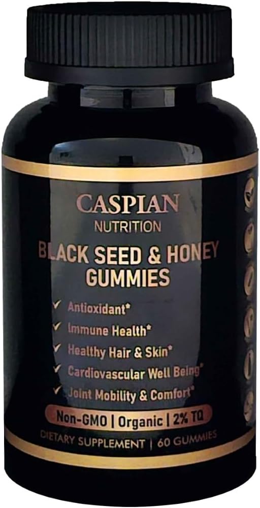 Semillas negras " Mangas de miel con biotina " Vitamina C, Orgánica, No GMO, 2% TQ, 60 Gummies