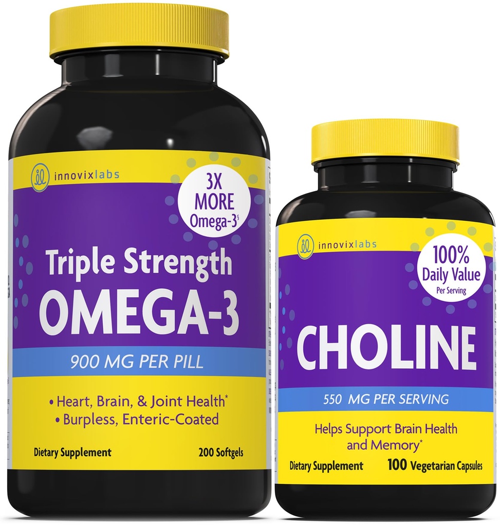 InnovixLabs Choline & Triple Omega-3 Bundle Choline Bitartrate 550mg (100 capsules) Triple Strength Omega (200 Softgels). Soporta Memoria, Mood, Brain Health " Boost Cognitive.*