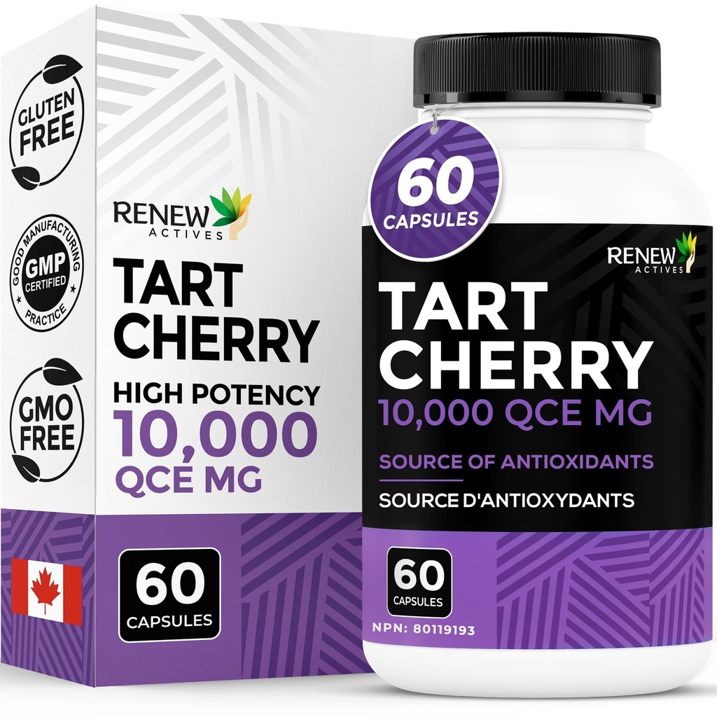 Renew Actives Tart Cherry Extra 500mg por 2 cápsulas – Antioxidante de alta potencia para la protección radical gratuita y bienestar – 60 cápsulas fáciles de cambiar – Made in Canada