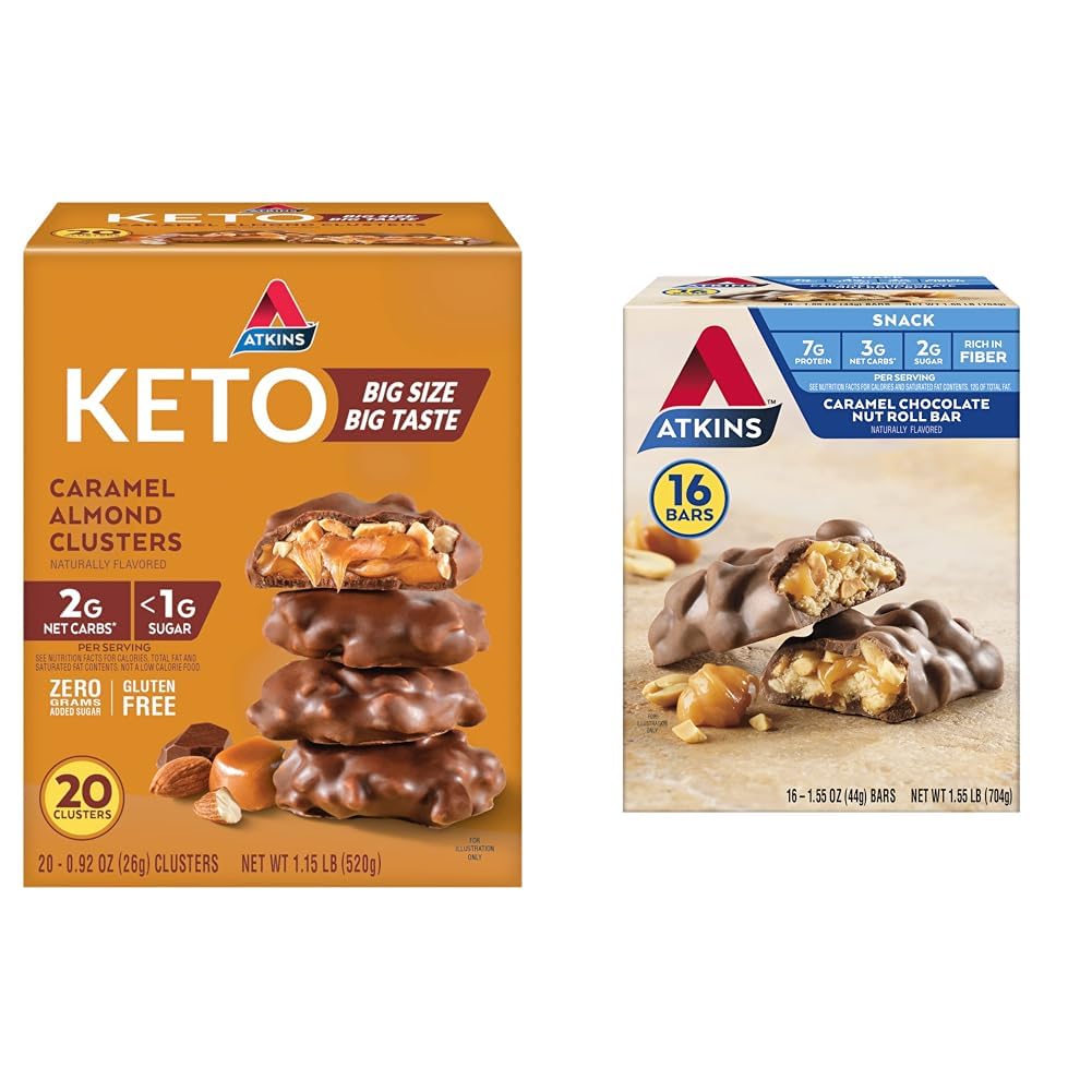 Atkins Caramel Almond Clusters, Gluten Free, High in Fiber, 1g Sugar, 2g Net Carb, Keto Friendly, 20 Conde " Caramel Chocolate Nut Roll Snack Bar, Protein Snack, High in Fiber, 2g Sugar, 16 Conde
