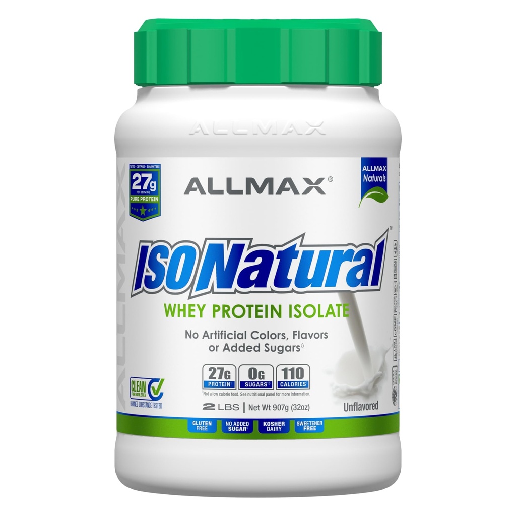 ALLMAX Nutrition ISONATURAL Whey Protein Isolate, Unflavored - 2 lb - 27 Gramos de Protein Por Scoop - Zero Fat & Sugar - 99% Lactose Gratis - con Prebióticos - Sin Sabores Artificiales - 31 Servimientos