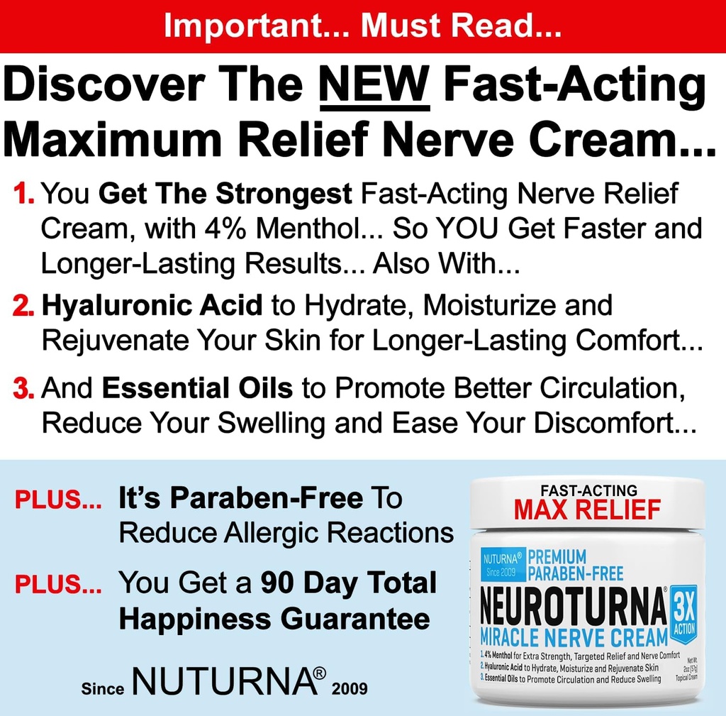 Crema de Alivio Nerve para Neuropatía - Premium Nerve Cream 3X Acción para el Alivio Blanco y Nerve Comfort - Fuerza máxima con 4% Menthol, Arnica, MSM para Manos de Pie Legs Toes > Volver - 2 Oz