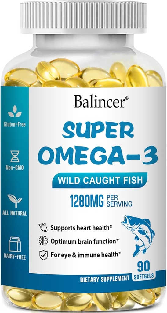 Omega 3 suplementos de aceite de pescado, 1280 mg Omega-3 ácidos grasos incluyendo EPA y DHA, suplementos de aceite de pescado de caca silvestre apoya el corazón, cerebro y ojo salud, 90 Softgels