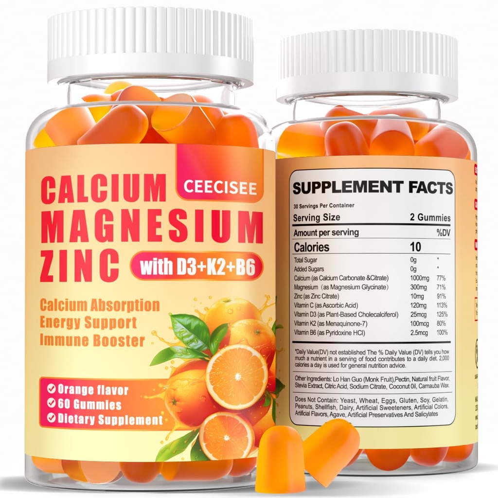 Calcio Magnesio Zinc Gummies con D3 &B6 &K2, 1000mg Calcium Gummies con 300mg Magnesium Support Immune Energy for Adults and Teens,Sugar Free(120Count)