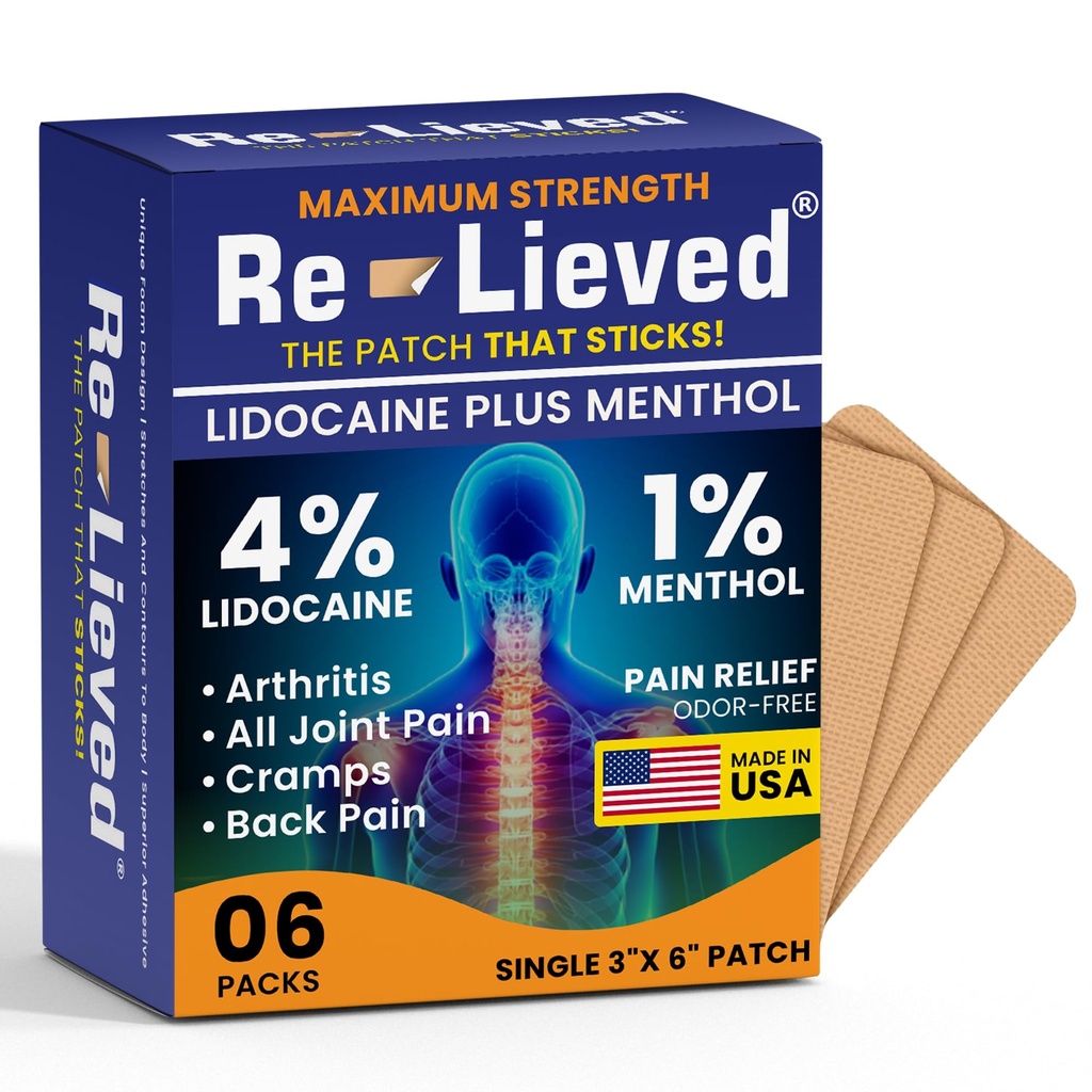 Re-lieve 4% Lidocaine Patches with Menthol - Maximum Strength Pain Relief for Back, Knee & Muscle Pain - Fast-Acting Medicated Patches - Made in USA - 6 Count