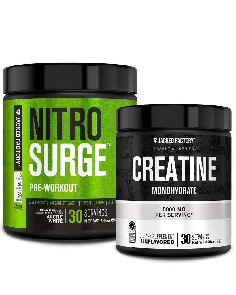 Gato Fábrica NITROSURGE Pre Workout Suplemento (Ártico Blanco) Creatina Monohydrate Powder 150g (Sin sabor) para el crecimiento muscular, aumento de fuerza, energía mejorada