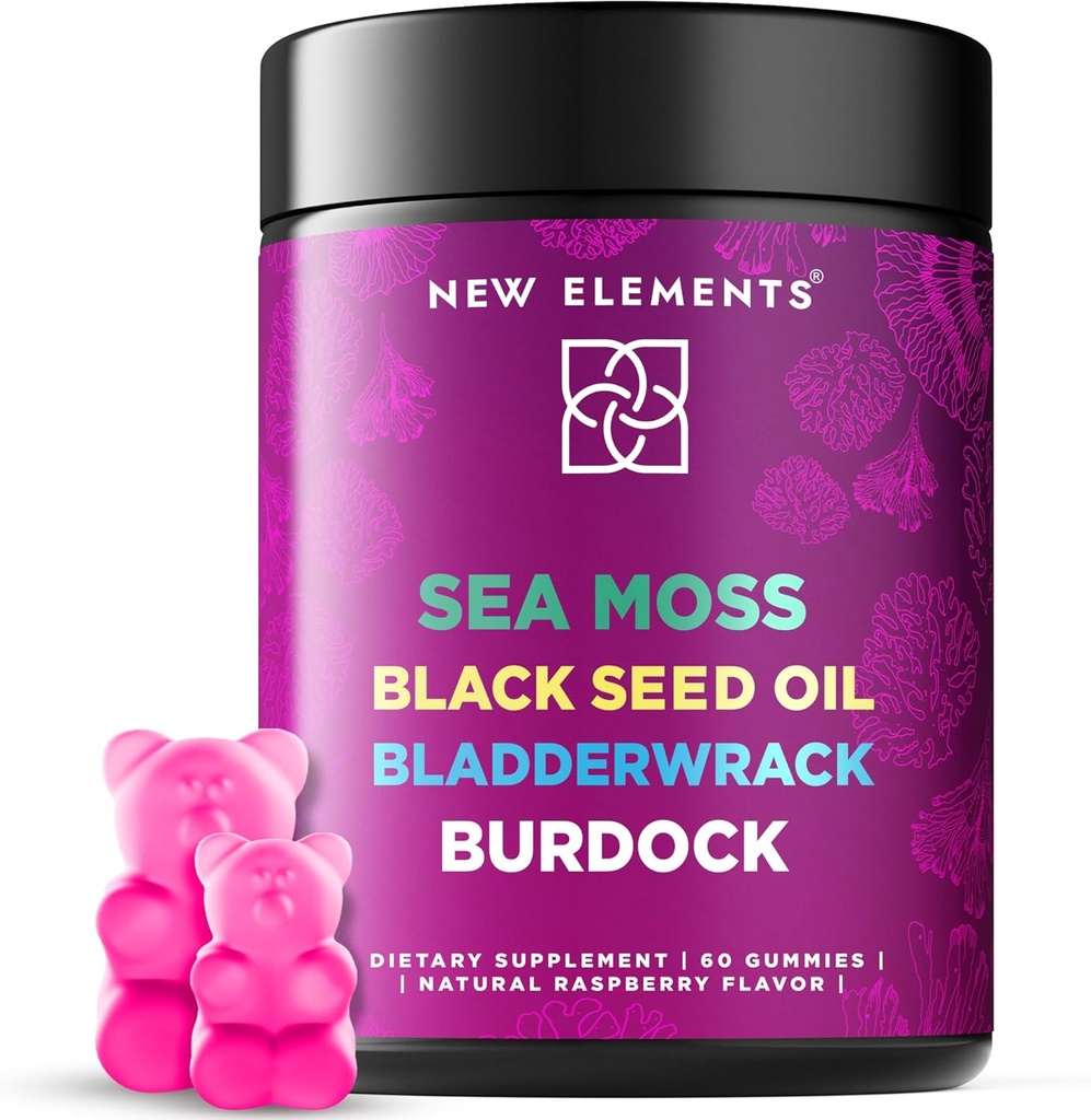 Orgánica Mos de Mar Gummies con Aceite de Semillas Negras, Fledderwrack & Burdock Root ← Irlandés Moss Suplemento 1000mg Silencio 4 en 1 Advanced Formula 4X Stronger ← Raspberry Flavor ← Vegan ← Non-GMO  Gluten-Free