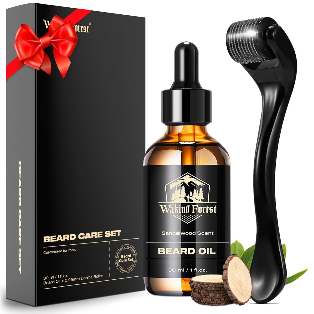 Waking Forest Derma Roller 0.25mm & Beard Oil(1oz), Sandalwood Beard Kit, Microneedle Beard Roller con 540 Titanium, Moisturize natural con Vitamin E Beard Oil para Hombres, Padres Novio Papá