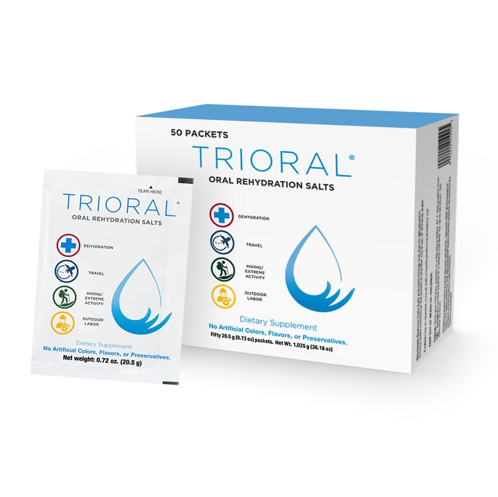 Pólvora de rehidratación TRIORAL - Saltas de rehidratación oral - Apoya la deshidratación de los entrenamientos, pérdida de fluidos y hidratación general - 50 paquetes de mezcla de bebidas