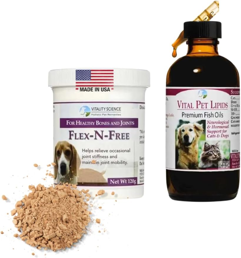 Vitality Science Flex N Free + Vital Pet Lipids for Dogs TENIDO 2 Part Program TEN Promueve el desarrollo de los huesos " Joint Health TEN Relieves Stiffness TEN Neurological " Hormonal Support TEN 100% Safe (Small)
