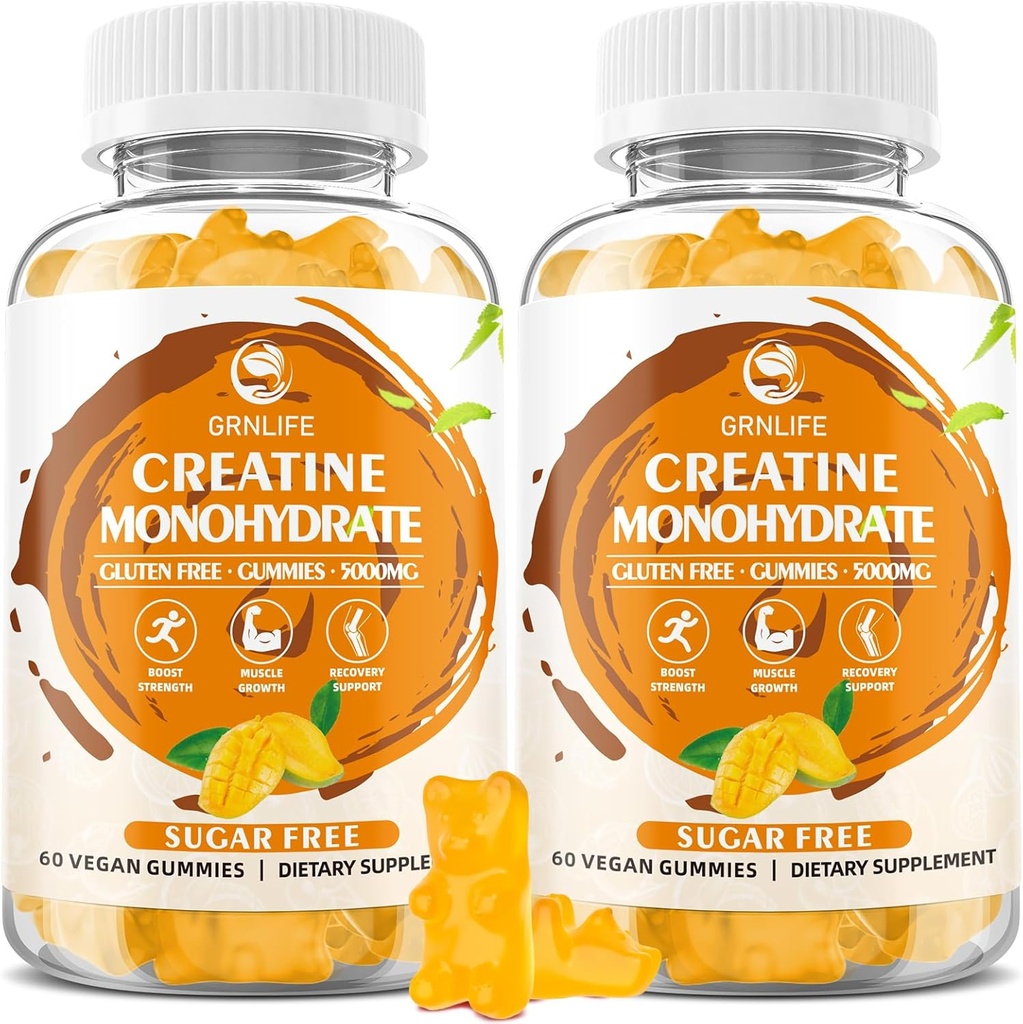 Cretina Monohydrate Gummies para Hombres &amp; Mujeres, Chewables Creatine Monohydrate para la fuerza muscular, Muscle Builder, Energy Boost, Sugar Gratis, Vegan, Mango Flavor-120 Conde