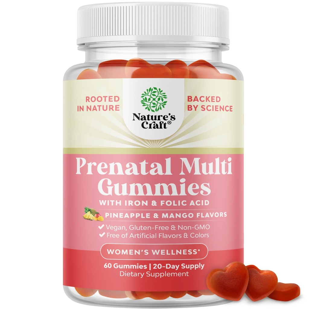 Natures Craft Vegan Prenatal Gummies for Women - Gummy Prenatal Vitamins for Women with Iron Folic Acid and Superfruit Blend - Chewable Vitamins Gummy Formula (Pineapple & Mango Flavor) - 60 Count