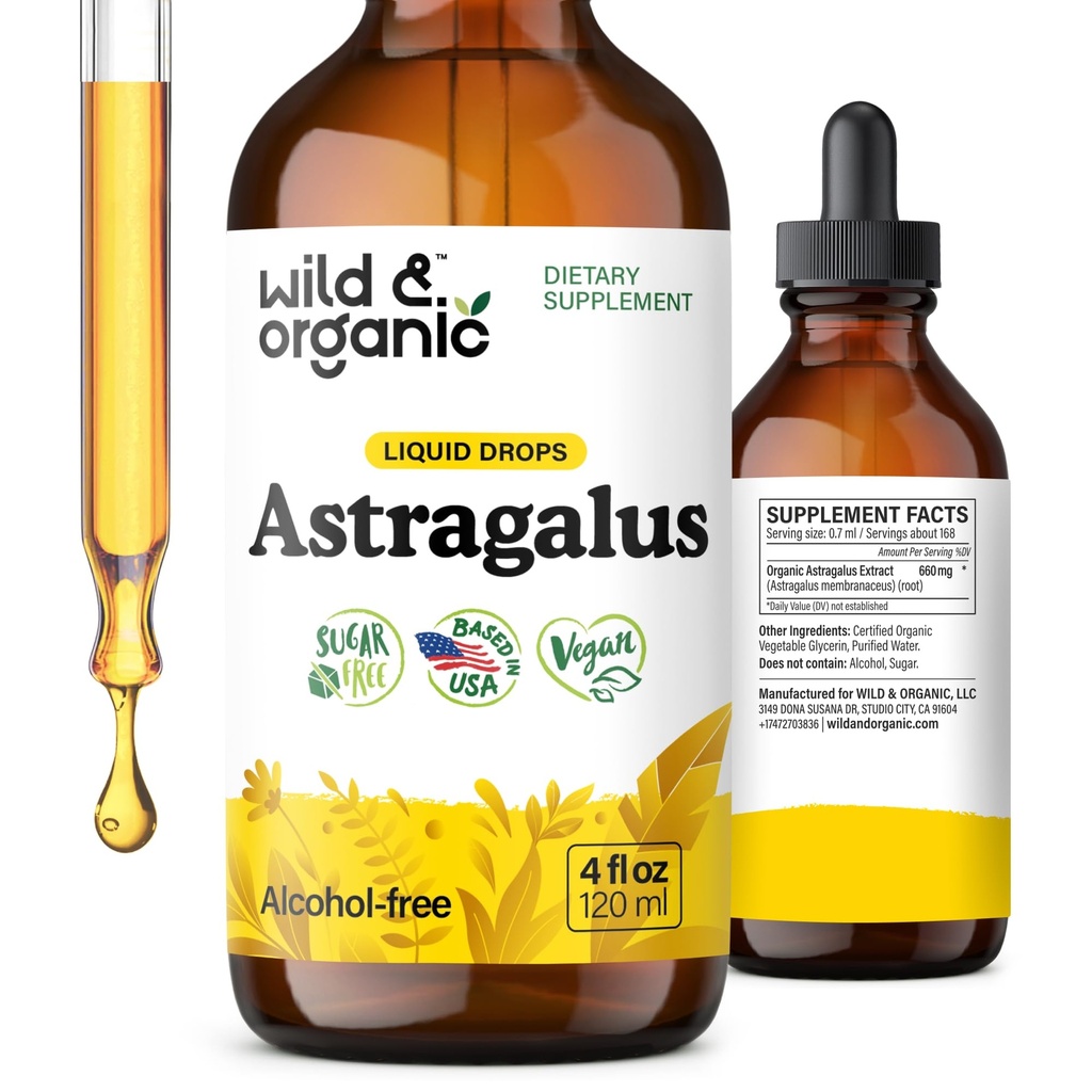 Wild &amp; Organic Astragalus Tincture - Suplemento de apoyo inmunitario w / Extracto de raíz de astragalus - Tintura vegana para la inmunidad - azúcar &amp; gotas libres de alcohol - 4 fl oz